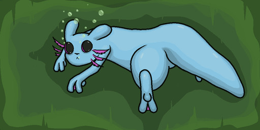 3_fingers 3_toes ambiguous_gender big_ears blue_body blue_skin bubble external_gills feet feral fingers genitals gills green_background looking_at_viewer membrane_(anatomy) pink_eyes simple_background solo swimming tail thick_tail toes underwater water webbed_feet webbed_hands anonymous_artist rain_world videocult rivulet_(rain_world) slugcat