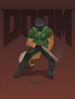 anthro armor blood_on_body gun headgear helmet male muscular poster ranged_weapon shotgun solo standing tail video_game_reference weapon xleb0rezka doom_(series) id_software microsoft doom_slayer canid canine fennec_fox fox mammal true_fox digital_media_(artwork) hi_res shaded