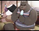 anthro black_bars blush bodily_fluids bottomwear clothing duo eating food male overweight overweight_male pants popsicle shirt shorts sitting solo_focus sweat topwear hinami shiro_to_kuro bear mammal polar_bear ursine 2016 5:4 letterbox