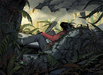 2_horns ambiguous_gender anthro bar_phone black_body black_scales bottomwear cellphone clock clothed clothing detailed_background electronics eyes_closed facial_spikes footwear fully_clothed grey_bottomwear grey_clothing grey_footwear grey_pants grey_shoes head_horn horn jacket mouth_closed overgrown pants phone plant reclining reclining_on_chair red_clothing red_jacket red_topwear ruins scales shoes socks solo spikes spikes_(anatomy) text topwear watch white_clothing white_footwear white_socks wristwatch themefinland lizard reptile scalie 2025 artist_name dated digital_drawing_(artwork) digital_media_(artwork) story story_at_source story_in_description