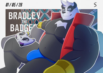 anthro black_body black_nose bulge clothing controller game_controller jockstrap male moobs musclegut muscular nipples overweight overweight_male sitting solo underwear white_body fraustbyt_55 bradley_the_badger_(game) bradley_(bradley_the_badger) badger mammal mustelid musteline 2025 hi_res