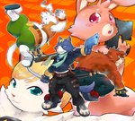 anthro belly blush bottomwear brown_body brown_fur bulge clothing fur group gun humanoid_hands kemono melee_weapon pants ranged_weapon scarf slightly_chubby sword weapon white_body white_fur kira_nerisu bear canid canine felid feline lagomorph leporid mammal rabbit 2012