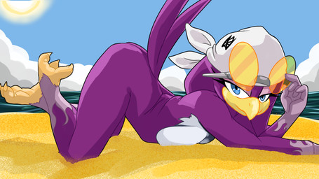 anthro ass_up avian_feet beach beak bedroom_eyes blue_eyes breasts butt claws cloud eyewear feathers feet female glasses kerchief looking_at_viewer lying multicolored_body multicolored_feathers narrowed_eyes nude on_front purple_body purple_feathers purple_tail sand sea seaside seductive sky soles solo sun tail talons text toes water white_body white_feathers nahadon sega sonic_riders sonic_the_hedgehog_(series) wave_the_swallow avian bird hirundinid oscine passerine swallow_(bird) 16:9 2022 digital_media_(artwork) signature widescreen