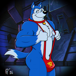 anthro black_nose blue_body blue_eyes blue_fur bulge butt chest_tuft closed_smile clothing collar collar_tag dipstick_tail fur fur_markings fur_tuft gloves_(marking) male markings mouth_closed multicolored_body multicolored_fur one-piece_swimsuit red_collar red_sling_bikini side_butt sling_bikini smile solo swimwear tail tail_markings tuft two_tone_body two_tone_fur white_body white_fur white_inner_ear white_sclera white_tail_tip fabfelipe road_rovers exile_(road_rovers) canid canine canis domestic_dog husky mammal nordic_sled_dog spitz 1:1 2026 digital_drawing_(artwork) digital_media_(artwork) hi_res