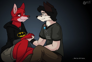 accessory anthro bat_symbol black_background black_hair brown_eyes clothed clothing cross duo eye_contact female hair hoodie looking_at_another male pin_accessory pin_button simple_background sitting text topwear wristband wolfjedisamuel wolf_j._samuel canid canine canis mammal wolf english_text hi_res