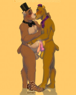 abstract_background anthro arm_tuft balls black_bow_tie black_claws black_eyebrows black_nose black_top_hat bodily_fluids bow_tie bow_tie_only brown_body brown_fur calf_tuft cheek_tuft claws clothing countershade_snout countershade_torso countershading duo elbow_tuft eyebrows eyes_closed facial_tuft finger_claws freckles frottage fur fur_markings genital_fluids genitals hand_on_pec hat headgear headwear humping kissing knot knotted_penis leg_tuft male male/male markings mostly_nude mostly_nude_anthro mostly_nude_male noise_filter nub_tail penile penis penises_touching pink_knot pink_penis plantigrade precum purple_bow_tie purple_top_hat sex shoulder_tuft simple_background snout tan_balls tan_inner_ear tan_markings text toe_claws top_hat top_hat_only tuft vein veiny_penis yellow_background yellow_balls yellow_body yellow_fur yellow_inner_ear yellow_markings namygaga five_nights_at_freddy's scottgames fredbear_(fnaf) freddy_(fnaf) bear mammal 2026 4:5 absurd_res cel_shading dated digital_drawing_(artwork) digital_media_(artwork) full-length_portrait hi_res portrait shaded signature url watermark