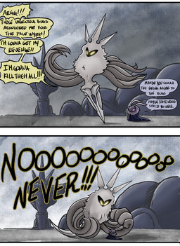 angry antennae_(anatomy) anthro biped dialogue duo extreme_size_difference female fist fluffy glowing glowing_eyes horn larger_anthro larger_female purple_eyes raising_fist ruff sculpture size_difference small_waist smaller_anthro smaller_female speech_bubble statue text wasp_waist yelling_at_another yellow_eyes lizbot hollow_knight_(franchise) team_cherry radiance_(hollow_knight) seer_(hollow_knight) arthropod insect lepidopteran moth 2020 comic english_text hi_res letterbox
