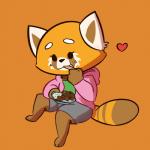 anthro barefoot biped clothed clothing curry eating eyelashes feet female heart_symbol hoodie orange_background simple_background solo topwear gabbah aggretsuko sanrio retsuko ailurid mammal red_panda 1:1 hi_res