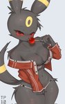 anthro big_breasts black_body black_fur breasts candy cleavage clothed clothing dessert eeveelution female food fur generation_2_pokemon hi_res jacket lollipop looking_at_viewer nintendo pokemon pokemon_(species) solo tongue tongue_out topwear tp10 umbreon