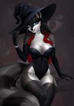 anthro big_breasts black_hair black_nose blue_eyes breasts bustier cleavage clothed clothing female hair hat headgear headwear jewelry magic_user solo witch kilbi sila_dione mammal procyonid raccoon absurd_res hi_res