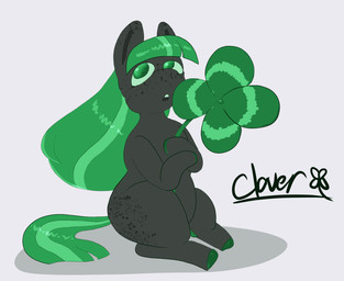 ambiguous_feral ambiguous_gender clover_(plant) feral freckled_ears freckled_face freckled_hips freckled_legs freckled_thighs freckles green_eyes green_hair green_hooves green_sclera green_tail green_teeth grey_body hair holding_clover holding_plant hooves long_hair looking_up open_mouth plant quadruped simple_background sitting solo tail teeth text white_background young young_ambiguous young_feral julie_(artist) fluffy_pony fluffy_pony_(species) mammal 2023 character_name digital_media_(artwork) english_description restricted_palette shaded