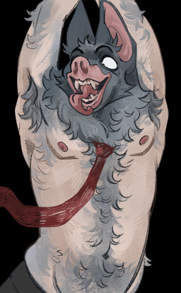 accessory anthro body_hair breasts collar collar_only fangs fur grey_body grey_fur hair male moobs necktie nude nude_anthro nude_male office office_clothing solo teeth tongue tongue_out white_eyes ryan1111_(artist) dispatch sonar_(dispatch) bat mammal red torso absurd_res hi_res