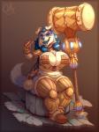 absurd_res anthro armor big_breasts biped breasts canid canine clothed clothing female gauntlets gloves hammer handwear hi_res looking_at_viewer mammal neodokuro open_mouth sitting solo thick_thighs tools