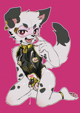anklet anthro barbell_piercing bodily_fluids chastity_cage chastity_device clothing collar crotchless_clothing cum_dripping_from_penis dripping ear_piercing ear_tag foreskin genital_fluids genitals goggles_on_face happy humanoid_genitalia humanoid_penis jewelry kemono kneeling leaking_precum male markings metal_chastity_cage nipple_barbell nipple_piercing nipples open_mouth penis piercing pink_background precum precum_drip red_eyes shota simple_background sleeveless_clothing solo spots spotted_body stylized_chastity_cage unretracted_foreskin visor wearing_chastity_cage wearing_chastity_device white_body young young_anthro young_male alanisawolf777 canid canine canis domestic_dog mammal wolf absurd_res hi_res