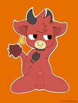 anthro balls blush bracelet embarrassed erection fluffy fur genitals horn jewelry male necklace orange_background penis presenting red_body red_fur simple_background solo spread_legs spreading tail toony young young_male sherwind52 bovid bovine cattle mammal hi_res