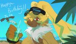 anthro beach eyewear eyewear_on_head flying fur group long_ears male orange_body orange_fur ponytail_ears smile sunglasses sunglasses_on_head trio vacation yellow_body yellow_fur akitoinusu bandai_namco digimon digimon_(species) lopmon symbareangoramon terriermon absurd_res hi_res