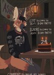 alternative_fashion anthro biped birthday_cake black_body black_fur cake dessert emo food fur looking_at_viewer male orange_body orange_fur slim_anthro slim_male solo text manedpizzawolf canid canine mammal maned_wolf 2024 absurd_res english_text hi_res