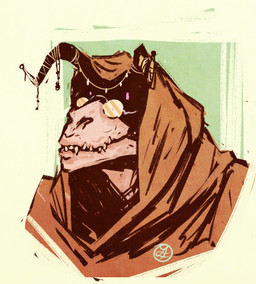 abstract_background albino ambiguous_gender cloak clothed clothing eyewear glasses hood horn horn_jewelry jewelry not_furry pince-nez sharp_teeth simple_background solo teeth wearing_cloak leona-florianova fallout microsoft goris_(fallout) deathclaw scalie english_description male_(lore)