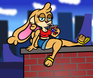 4_fingers anthro belt beverage blue_clothing blue_eyes bottomwear breasts brick brick_wall brown_body brown_fur clothed clothed_anthro clothed_female clothing container cup disposable_cup drinking drinking_straw drinking_straw_in_mouth female fingers floppy_ears footwear fully_clothed fully_clothed_anthro fully_clothed_female fur half-closed_eyes lop_ears narrowed_eyes navel red_clothing sandals shirt shoes shorts sitting sitting_on_wall soda solo tank_top topwear wall_(structure) yellow_clothing yellow_footwear yellow_sandals captainquack64 caramel_(captainquack64) lagomorph leporid mammal rabbit 2023