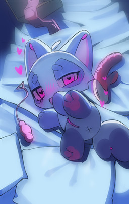 anthro anus butt chibi condom female genitals one_leg_up pillow presenting presenting_hindquarters raised_leg sex_toy sexual_barrier_device vulva x_anus seuppi absurd_res hi_res