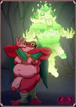 3_toes 4_fingers anthro balls barefoot belly biceps big_penis biped burning cape cape_only cave clothing colored_fire duo facial_markings feet fingers fire flaccid foreskin front_view genitals gesture glans glowing glowing_body glowing_eyes gradient_body green_body green_fire green_nipples green_penis head_markings hovering humanoid_genitalia humanoid_penis jojo_pose levitation looking_at_viewer male markings membrane_(anatomy) moobs mostly_nude multicolored_body navel nipples nude overweight pecs penis pink_body pink_penis pose pupils raised_arms red_body red_nipples retracted_foreskin shortstack simple_background slightly_chubby slightly_chubby_male smile spread_arms standing thick_thighs toes two_tone_body unusual_pupils vein veiny_penis webbed_feet webbed_hands yellow_eyes annaengine absolum_(game) brome_(absolum) amphibian frog will-o'-the-wisp absurd_res digital_drawing_(artwork) digital_media_(artwork) hi_res