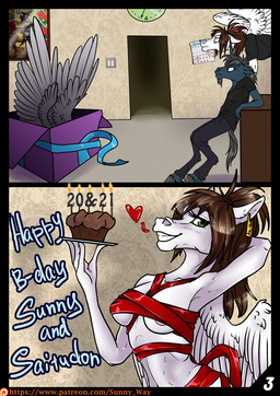 anthro beard birthday_cake blue_body blue_fur bottomwear breasts brown_hair cake calendar clock clone clothed clothing dessert facial_hair feathered_wings feathers female food fur furniture gift green_eyes grey_eyes grey_hair hair heart_symbol hooves horn inside male nipples pants partially_clothed ponytail scared shirt smile spread_wings t-shirt table text topwear white_body white_fur wings sunny_way mythology saitudon saitudon_(character) sunny_way_(character) equid equine mammal mythological_creature mythological_equine pegasus unicorn 2017 comic english_text hi_res url