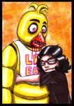 anthro beak bib_only black_border black_clothing black_eyebrows black_hair black_shirt black_t-shirt black_topwear blood blood_on_beak blood_on_bib blood_on_chest blood_on_clothing blood_on_face bodily_fluids border clothed clothed_female clothed_human clothing duo eyebrows eyewear female female_anthro female_human glasses hair hug larger_anthro larger_female light looking_at_another machine orange_background orange_beak red_eyewear red_glasses sharp_teeth shirt simple_background size_difference smaller_female smaller_human t-shirt tan_body tan_skin teeth text text_on_bib text_on_clothing thick_eyebrows toothed_beak toothy_smile topwear white_bib yellow_body tehcreechibi five_nights_at_freddy's scottgames chica_(fnaf) cree_s._geyshick animatronic avian bird chicken galliform gallus_(genus) human mammal phasianid robot 2014 colored colored_pencil_(artwork) english_description lighting shaded traditional_media_(artwork)