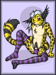 anthro black_border border clothed clothing crossdressing erection femboy genitals legwear male penis posing_pouch solo stockings tail flarn_(artist) flarn_(character) cheetah felid feline mammal 3:4 low_res