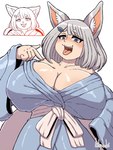 asian_clothing big_breasts blue_eyes blush breasts cleavage clothed clothing east_asian_clothing female grey_hair hair huge_breasts japanese_clothing kimono medium_hair open_mouth simple_background smile solo tongue tongue_out upper_body white_background komenuka_inaho animal_humanoid canid canid_humanoid canine canine_humanoid fox_humanoid humanoid mammal mammal_humanoid 3:4 hi_res