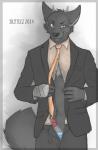 animal_genitalia anthro black_sheath black_tie_(suit) bodily_fluids bottomwear clothed clothing detached_sheath fur genital_fluids genitals grey_sheath hair horn looking_at_viewer male necktie open_bottomwear open_clothing open_pants orgasm pants partially_clothed penis penis_poking_out penis_tip pink_penis pose precum red_penis sheath sheath_poking_out simple_background smile smug solo suit underwear undressing skaylez yago canid canine canis mammal wolf 2014 hi_res pinup