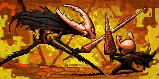 2_horns ambiguous_gender biped black_eyes cloak clothing duo fight fighting_pose fingers holding_melee_weapon holding_object holding_sword holding_weapon horn melee_weapon nail_(weapon) orange_eyes pose sword text weapon j0onbo0n hollow_knight_(franchise) team_cherry hollow_knight_(character) the_knight_(hollow_knight) arthropod infected_(species) vessel_(species) 2025 2:1 absurd_res artist_name digital_media_(artwork) english_text hi_res pixel_(artwork) sibling_(lore)