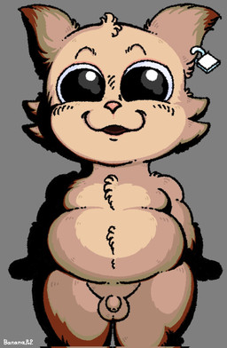 anthro balls black_eyes brown_body brown_ears brown_fur brown_hair ear_piercing flaccid foreskin front_view fur genitals hair happy humanoid_genitalia humanoid_penis lock looking_at_viewer male moobs nude padlock penis piercing pink_nose shadow slightly_chubby small_penis smile solo standing text unretracted_foreskin bananapop garn47 car_(garn47) domestic_cat felid feline felis mammal 2025 artist_name digital_media_(artwork) hi_res
