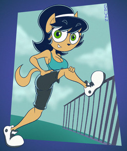 accessory anthro big_breasts black_hair bottomwear breasts cleavage clothed clothing exercise exercise_clothing female fence footwear green_eyes hair hair_accessory hairband looking_at_viewer open_mouth open_smile outside shirt shoes shorts sky smile sneakers solo stretching tank_top toony topwear gavanzude nickelodeon t.u.f.f._puppy kitty_katswell domestic_cat felid feline felis mammal 2023 colored hi_res signature