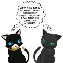 annoyed black_body black_fur black_nose blue_eyes blue_sclera collar duo feral fur green_eyes green_sclera grey_collar humor looking_at_another male markings side_eye simple_background tail tail_markings text thought_bubble whiskers white_background white_body white_fur yellow_collar emeraldprower39 atlus devil_summoner persona_(series) persona_5 sega gouto_douji morgana_(persona) domestic_cat felid feline felis mammal tuxedo_cat 1:1 2025 absurd_res english_text hi_res