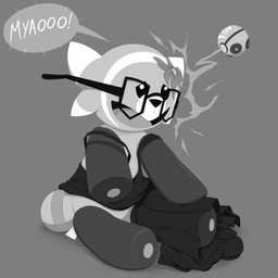ambiguous_gender bottomwear clothing dialogue eyewear flower_on_head footwear glasses grey_background open_mouth pokeball rectangular_glasses shirt shoes shrinking simple_background sitting size_transformation skirt solo surprised tail topwear transformation mentalcrash nintendo pokemon generation_7_pokemon pokemon_(species) stufful 1:1 2021 absurd_res hi_res monochrome