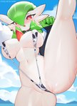 big_breasts blush bodily_fluids breasts clothed clothing female genital_fluids genitals green_hair hair looking_at_viewer navel nipple_outline partially_visible_vulva pubic_mound pussy pussy_floss raised_leg solo spread_legs spreading vaginal_fluids white_body re1akko nintendo pokemon gardevoir generation_3_pokemon humanoid pokemon_(species) 2024 absurd_res hi_res