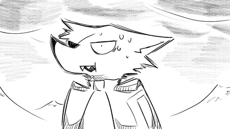 anthro bodily_fluids cape clothing cloud eye_patch eyewear landscape male mountain nervous sharp_teeth solo sweat teeth tufted_fur dragonweirdo kimera_(dragonweirdo) canid canine mammal 16:9 comic hi_res monochrome widescreen