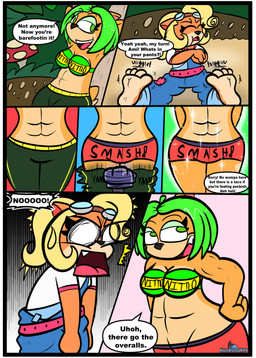 4_toes abs anthro barefoot belt blonde_hair border bra clothed clothed_anthro clothed_female clothing dialogue extended_arm eyelashes eyewear feet female fur goggles green_eyelids green_eyes green_hair group hair mechanical_arm muscular muscular_anthro muscular_female orange_body orange_fur overalls pants_removed partially_clothed partially_clothed_anthro partially_clothed_female shirt speech_bubble text toes topwear trio underwear white_border white_clothing white_shirt white_topwear kaokaoarts oddkao activision crash_bandicoot_(series) ami_bandicoot coco_bandicoot nina_cortex bandicoot mammal marsupial comic english_text hi_res