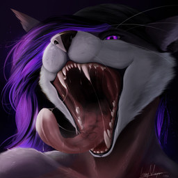 anthro beanie bodily_fluids clothing ears_back female glowing glowing_eyes glowing_hair hair hat headgear headwear imminent_vore novalee pivoted_ears saliva saliva_on_tongue saliva_string solo teeth tongue tongue_out living_whisper vrchat canid canine fox hybrid mammal absurd_res hi_res