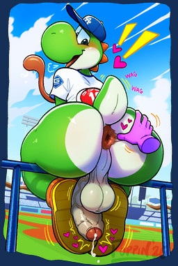 anthro anus backsack balls baseball_stadium baseball_uniform big_butt blue_clothing blue_hat blue_headwear blush bodily_fluids bottomless bottomless_anthro bottomless_male butt clothed clothing countershading detailed_background disembodied_hand dripping duo erection footwear foreskin genital_fluids genitals glans green_body green_eyes hand_on_butt hat headgear headwear heart_symbol hearts_around_butt humanoid_genitalia humanoid_penis long_tongue male outside partially_clothed penis precum precum_drip railing shoes sitting_on_railing solo_focus sportswear spread_butt spreading tail tongue uniform vein veiny_penis white_body white_countershading wide_hips conditional_dnp poppin los_angeles_dodgers mario_bros mlb nintendo yoshi_(character) green_yoshi yoshi 2026 alpha_channel colored dated digital_drawing_(artwork) digital_media_(artwork) hi_res