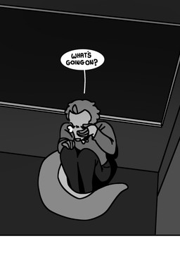 anthro black_text bodily_fluids covering covering_face crying dialogue female grey_wall hand_on_face hand_on_knee hand_on_leg knees_up on_ground pseudo_hair question_mark scale_hair scales scaly_tail sitting sitting_on_ground solo speech_bubble tail tail_coil tears text white_speech_bubble wiping_tears highlandkall li_(highlandkall) mammal pangolin comic english_text hi_res monochrome