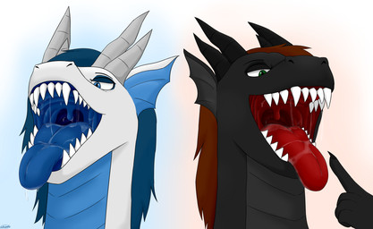 anthro black_body blue_eyes blue_hair bodily_fluids duo female gesture green_eyes hair hand_gesture horn mouth_shot open_mouth pointing pointing_at_mouth pointing_at_self red_hair saliva saliva_string teeth tongue tongue_out uvula white_body estronate european_mythology mythology fassalia_dracher zwarchia_dracher dragon elemental_creature elemental_dragon ice_dragon mythological_creature mythological_scalie scalie western_dragon hi_res sibling_(lore) sister_(lore) sisters_(lore)