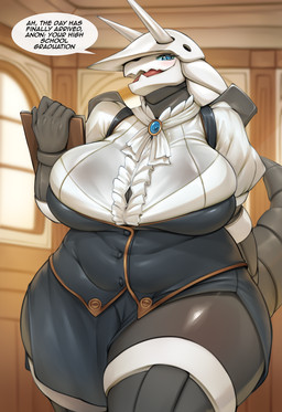 anthro big_breasts biped blush breasts clipboard clothed clothing detailed_background dialogue eyelashes female female_anthro fingers holding_clipboard holding_object inside mature_anthro mature_female overweight overweight_anthro overweight_female solo speech_bubble tail text thick_thighs white_clothing mleonheart nintendo pokemon aggron generation_3_pokemon pokemon_(species) hi_res