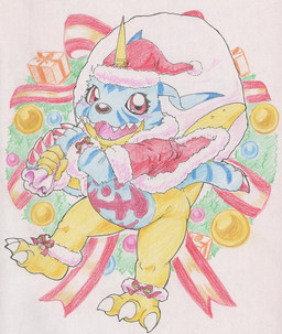 animal_skin anthro belly belly_markings christmas_clothing christmas_headwear claws clothing fur hat headgear headwear holidays horn male markings present_sack red_eyes sack santa_hat slightly_chubby smile solo striped_body striped_fur stripes tabasukotrr bandai_namco christmas digimon digimon_(species) gabumon hi_res traditional_media_(artwork)