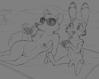anthro areola balls beach bendy_straw beverage breasts cheek_tuft drinking drinking_straw duo ear_markings eyewear facial_markings facial_tuft female fur genitals head_markings head_tuft holding_beverage holding_object male markings nipples nude outside penis seaside sitting sunglasses tuft umbrella tggeko disney zootopia jack_savage skye_(zootopia) arctic_fox canid canine fox hare lagomorph leporid mammal true_fox 2021 monochrome