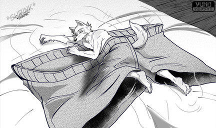 anthro boxers_(clothing) boxers_only clothed clothing male micro shrinking shrinking_out_of_clothes size_transformation sleeping solo topless transformation unaware_transformation underwear underwear_only yunotoffer beastars legoshi_(beastars) canid canine canis mammal wolf greyscale hi_res monochrome