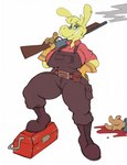 ambiguous_gender anthro big_breasts blood blue_eyes bodily_fluids boots breasts clothing ear_piercing female footwear gloves grin gun hand_on_hip handwear mechanic muscular muscular_thighs offscreen_character piercing pump_action pump_action_shotgun ranged_weapon shirt shoes shotgun simple_background smile smiling_at_viewer smug solo thick_thighs tool_belt toolbox topwear weapon weapon_on_shoulder delfucko goatonomous headbutterz team_fortress_2 valve engineer_(team_fortress_2) miss_b camelid llama mammal 2022 hi_res