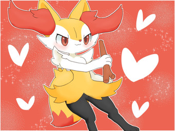 3_fingers 3_toes :3 ambiguous_anthro ambiguous_gender anthro arm_tuft biped black_body black_fur blush border cheek_tuft digitigrade dipstick_tail ear_tuft eyelashes facial_tuft feet fingers front_view fur heart_symbol holding_object holding_stick inner_ear_fluff markings multicolored_body multicolored_fur nude_ambiguous nude_anthro orange_background orange_body orange_eyes orange_fur orange_nose orange_tail outline pointy_ears prick_ears pseudo_clothing shoulder_tuft simple_background smile solo standing stick tail tail_markings toes tuft two_tone_tail white_body white_fur yellow_body yellow_fur yellow_tail hurai_of_kaki nintendo pokemon braixen canid canine generation_6_pokemon mammal pokemon_(species) 2020 4:3 digital_drawing_(artwork) digital_media_(artwork) hi_res