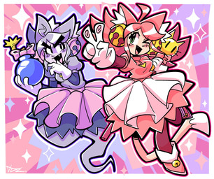 ahoge animal_ears bottomwear breasts clothed clothed_female clothed_humanoid clothing duo female footwear fully_clothed fully_clothed_female fully_clothed_humanoid gesture ghost_tail gloves hair hair_bell hand_gesture handwear heart_necklace holding_bomb inner_ear_fluff pink_clothing pink_hair pink_topwear purple_body purple_hair shoes skirt tail topwear tuft v_sign white_bottomwear white_clothing white_gloves white_handwear white_skirt teevz deltarune undertale_(series) irritable_ghost_(deltarune) mad_mew_mew mew_mew_(undertale) pink_(deltarune) animal_humanoid cat_humanoid felid felid_humanoid feline feline_humanoid ghost humanoid mammal mammal_humanoid spirit 2026 hi_res