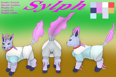 bottomwear clothed clothed_feral clothing collar colored_sclera female feral fur pink_eyes purple_body purple_fur quadruped skirt solo valus_shadewalker nintendo pokemon sylph_(valus) canid canine eeveelution generation_4_pokemon leafeon mammal pokemon_(species) 3:2 absurd_res hi_res model_sheet